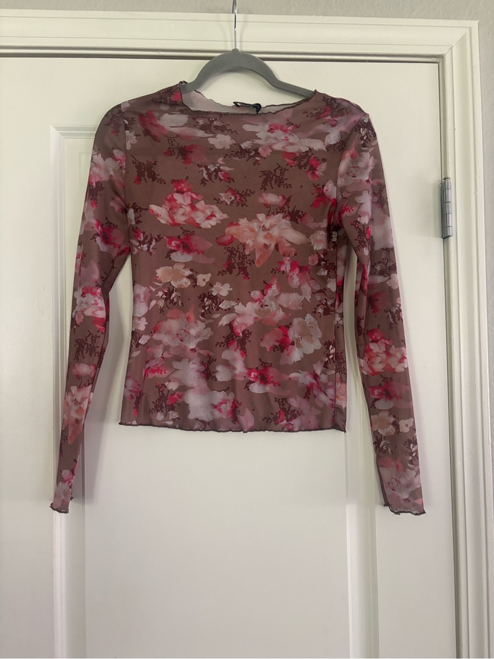 Y2K Willow Boutique Floral Mesh Long-Sleeve Top - Brown and Pink Size Small